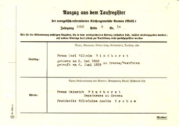 German Taufregister Franz Carl Wilhelm W. dated 1858